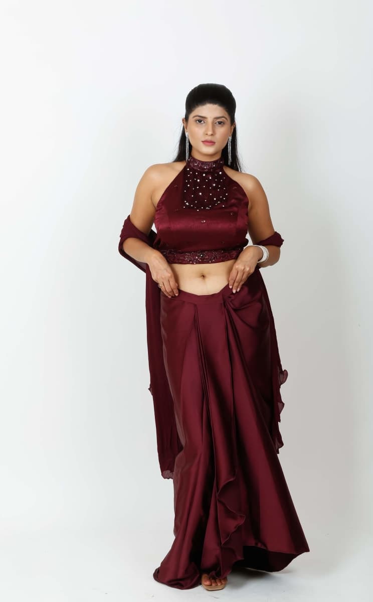 Whimsical Wine Embroidered Drape Skirt Set
