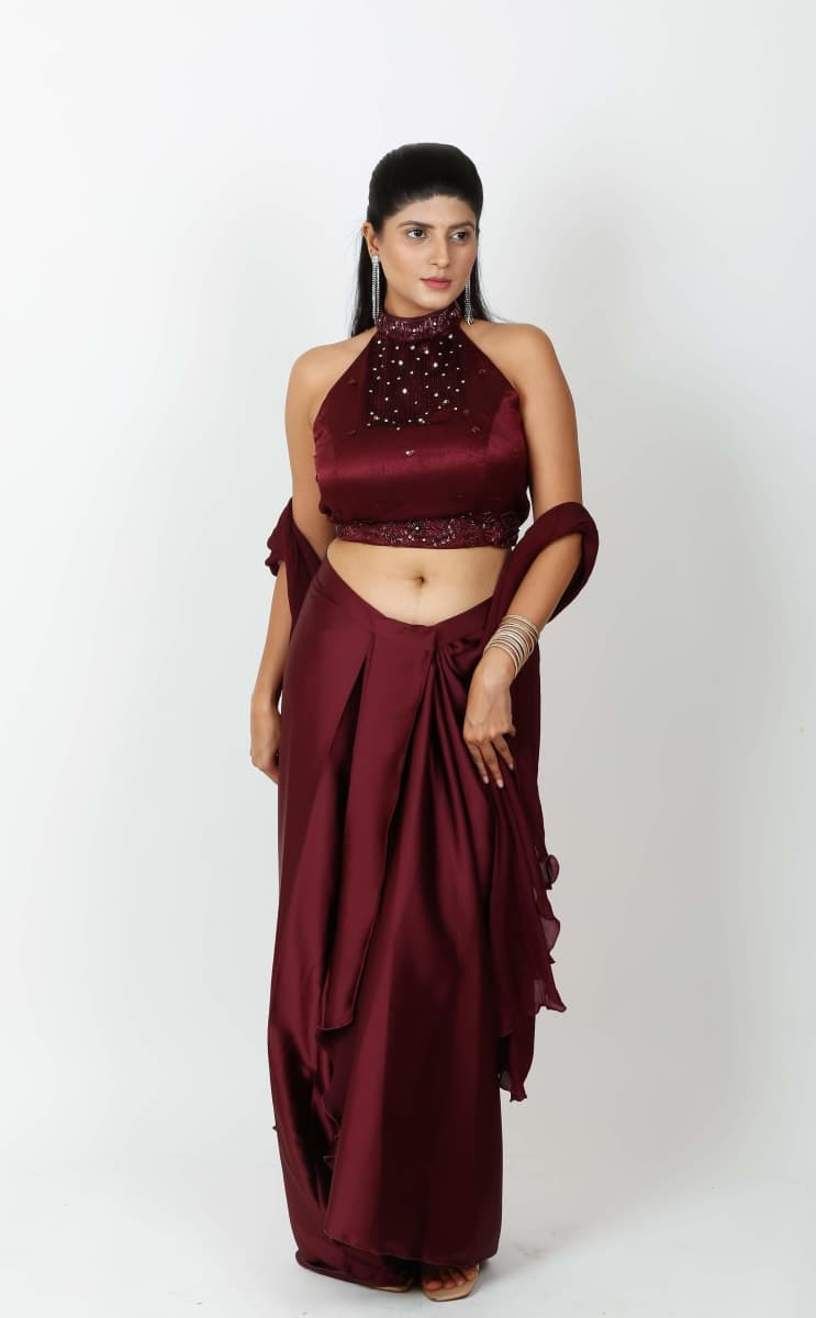 Whimsical Wine Embroidered Drape Skirt Set thumbnail 2