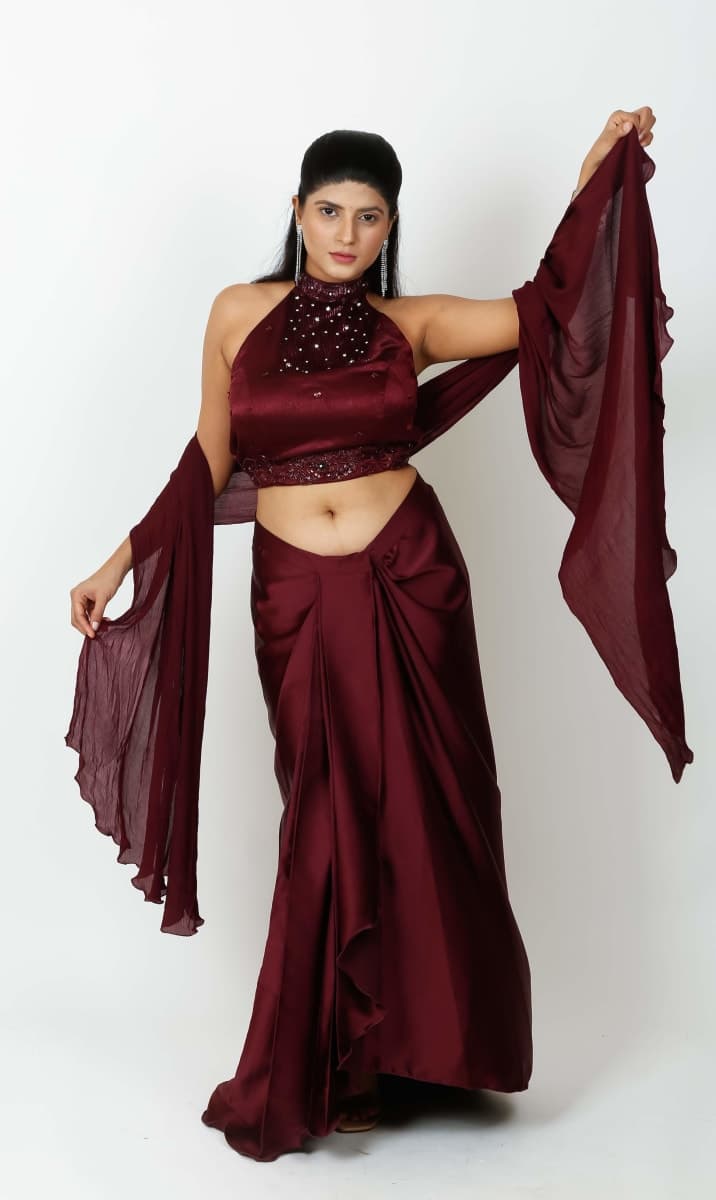 Whimsical Wine Embroidered Drape Skirt Set thumbnail 3