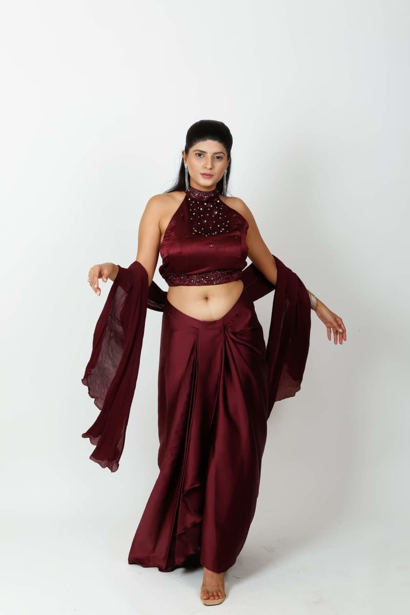 Whimsical Wine Embroidered Drape Skirt Set thumbnail 4