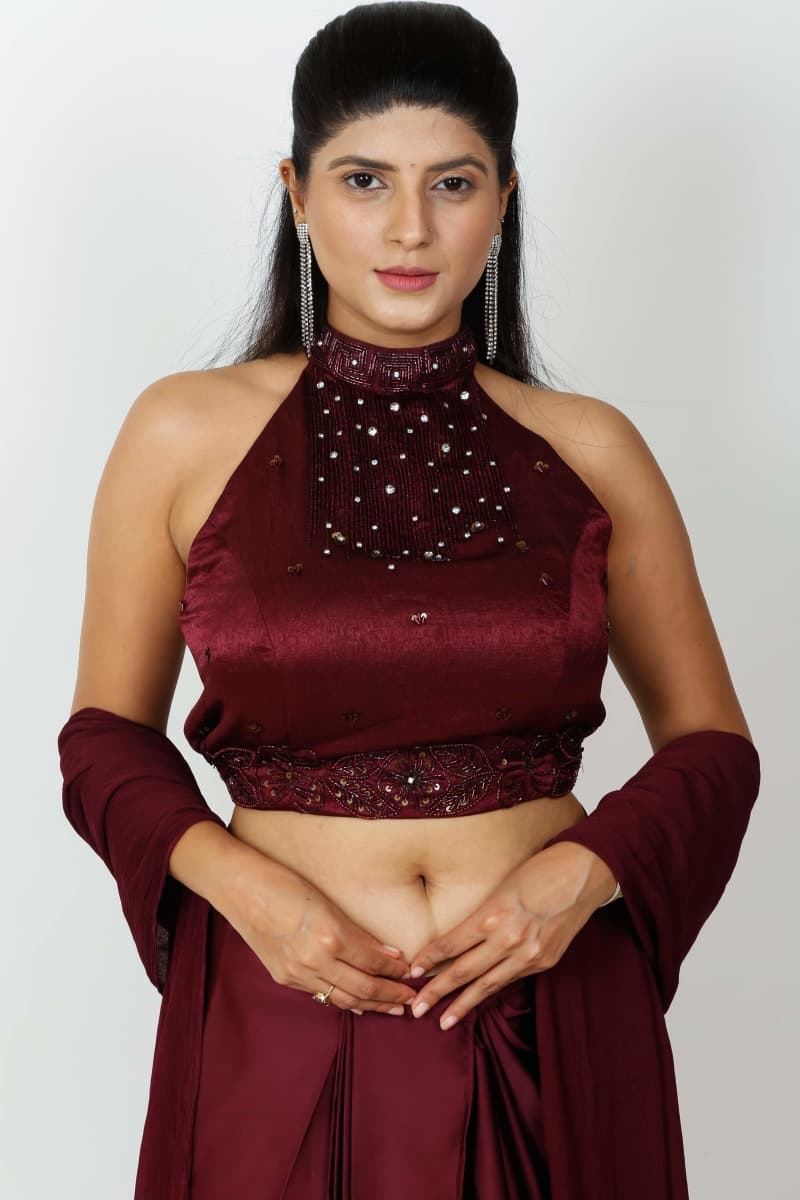 Whimsical Wine Embroidered Drape Skirt Set thumbnail 6